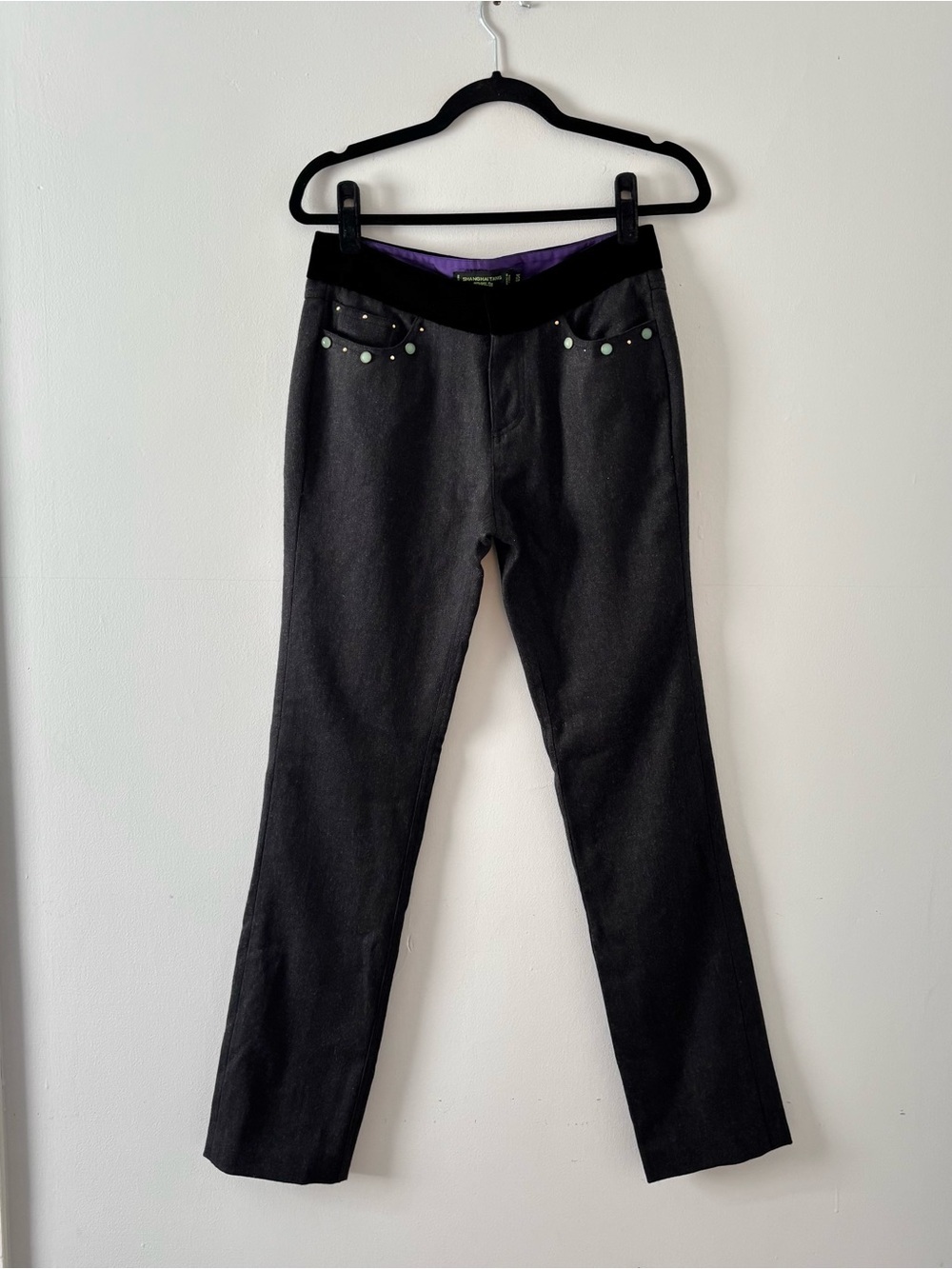Shanghai Tang Wool Mid-Rise Pants Straight Leg Embellished Silk Lined Grey